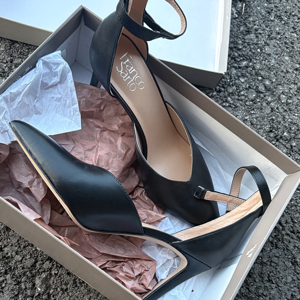 Franco Sarto Black Pointed-Toe Ankle-Strap Heels